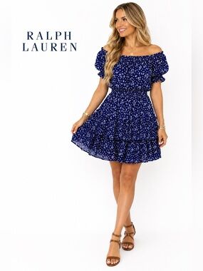 Ralph Lauren Size 12 Blue Floral Off Shoulder Smocked Mini Dress
